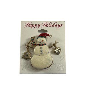 Happy Holidays Snowman Brooch Pin Christmas Dangle Charms Sparkle Rhinestones